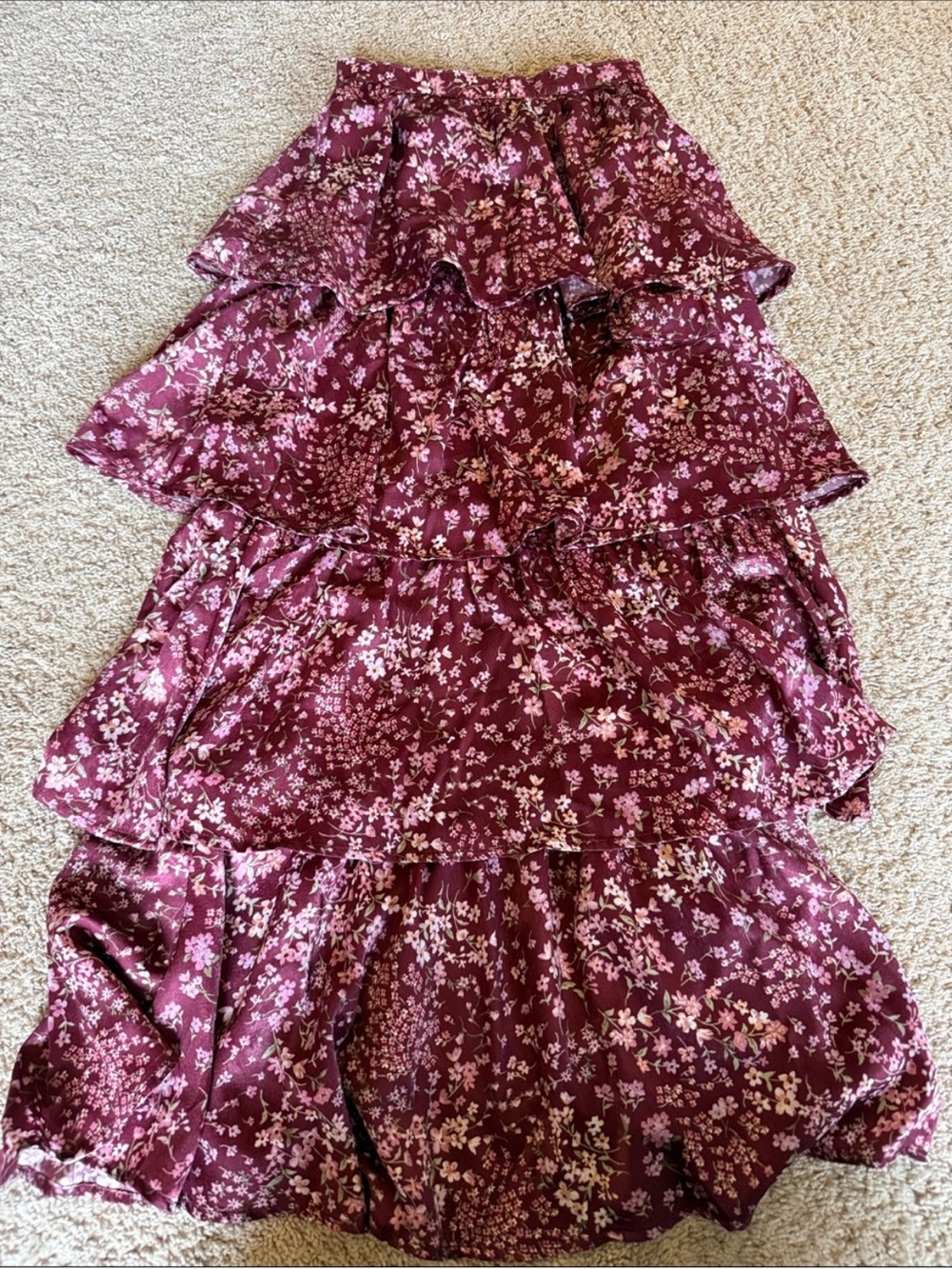 Altar'd State Burgundy Floral Tiered Maxi Skirt
